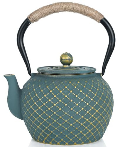 Ufine Japanese Style Cast Iron Teapot for Stove Top with Stainless Steel Infuser Loose Leaf Tetsubin Grid Design Blue Tea Kettle 40oz/1200ml