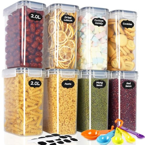 Cinnani 2L Botes Cocina Almacenaje 8 Piezas, Recipientes para Alimentos de Plástico, sin BPA, Botes Cocina Hermeticos Contenedores para Cereales, Pasta, Arroz, Harina