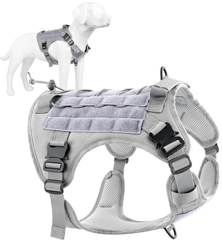 Plutus Pet Tactical Dog Harness with All Metal Buckles, Adjustable, No-pull Service Dog Vest with Molle System for Small Medium Large Dogs (Grey, XL)