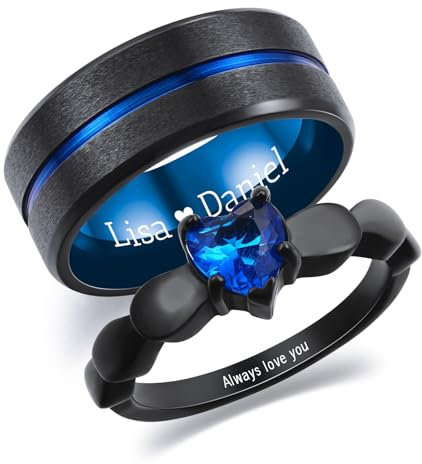 INBLUE Personalisierte Versprechen Ringe für Paare Gravierte Text Ringe mit Herz Edelstein Edelstahl Passende Paar Ringe für Sie und Ihn auf Verlobung Hochzeit - Set Stil 2