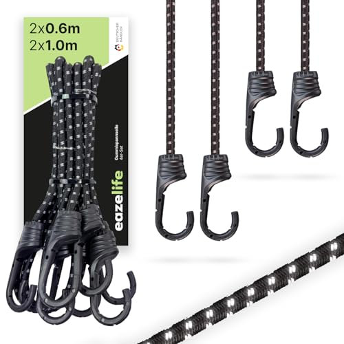 4er Set Spanngummi mit Stahlkernhaken - 2X 60cm & 2X 100cm, reflektierend, stark belastbar, Metallhaken mit Beschichtung gegen Kratzer, Schwarze Expander für Auto, Fahrrad & Outdoor