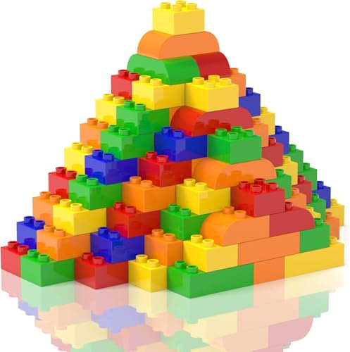 HIUME Große Klassisches Bausteine-Set, 150 Teile Quadratsteine und schräge Steine mit Bogenkanten, Kompatibel zu Allen Anderen Herstellern Duplo Bausteinen - Ideal für Kinder ab 3 4 5 6 Jahren.