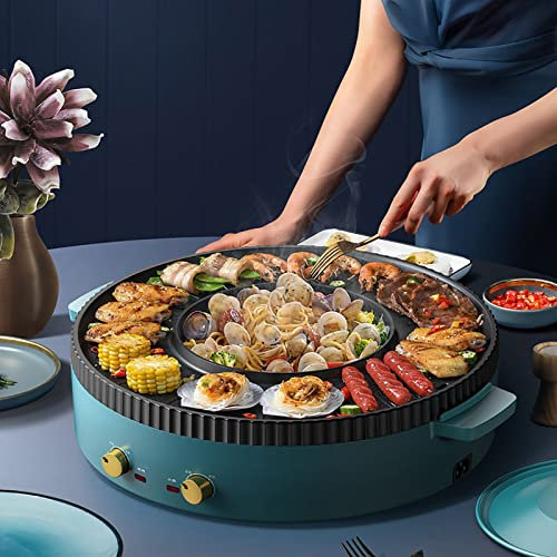 Olla Y Parrilla Eléctrica 2 En 1, Con Tapa, Temperatura Ajustable, Alta Eficiencia Y Sin Humo, Parrilla De Barbacoa Antiadherente, Placa De Parrilla De Barbacoa Multifuncional Para Cocina Casera