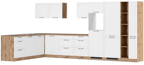 Lomadox Winkelküche Küche Einbauküche Küchenzeile L-Form 420/240 cm in weiß und Eiche, Arbeitsplatte in Eiche