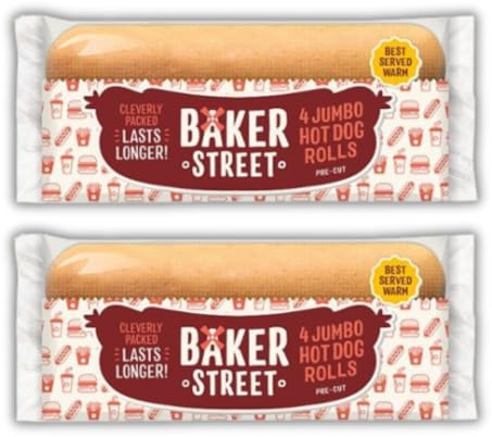 Jumbo Hot Dog Buns Rolls Pre-Cut Baker Streets (2 bags of 4 (Total 8 Buns))