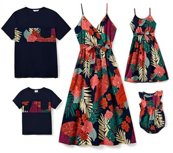 PATPAT Familien Partnerlook Set – Hawaii Sommer Outfit für Mama, Papa, Kinder – Strandkleidung Familie – Mutter Tochter Kleid & Vater Sohn T-Shirt – Matching Outfit Urlaub & Fotoshooting