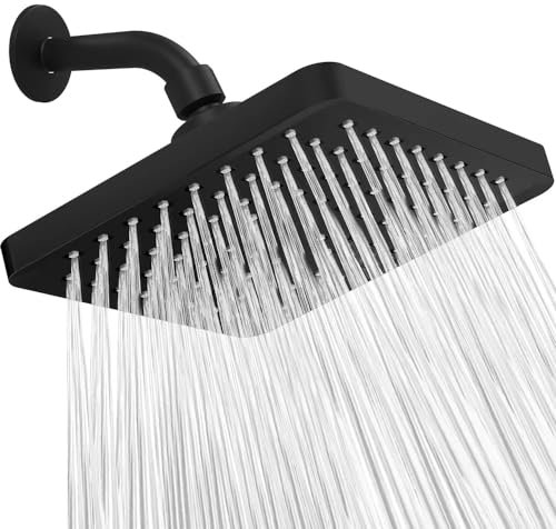 JINYOMFLY Tete de Douche Pluie Noir, 15CM Pomme de Douche Haute Pression, Pommeau de Douche Fixé Exterieur, Pommeau Douche Pluie à Économie d'eau, Pommeau Carré