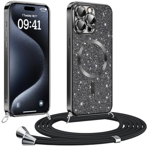Phoona handyband Hülle für iPhone 15 Pro mit Band, Glitzer Handyhülle Kompatibel mit MagSafe, Ganzkörperschutz Kratzfeste Stossfest Schutzhülle mit Einstellbar Kette, Schwarz
