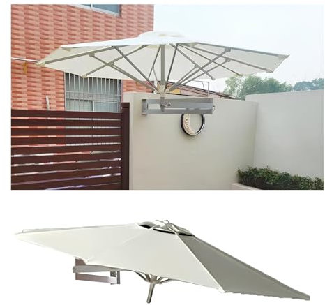 PQPQLI Sombrilla Exterior De Pared De 220/250 Cm, Sombrilla De Jardín De Pared Exterior Con Poste Ajustable, Plegable Parasol Terraza Con 8 Varillas, Protección Ultravioleta(White,220cm)