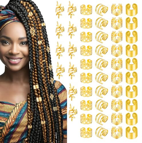 Tyqour 50pcs Gold Hair Jewelry Braid Loc Jewelry for Black Women Metal Gold Braids Rings Cuffs Clips Charms for Dreadlock Accessories Hair Braids Jewelry Decorations