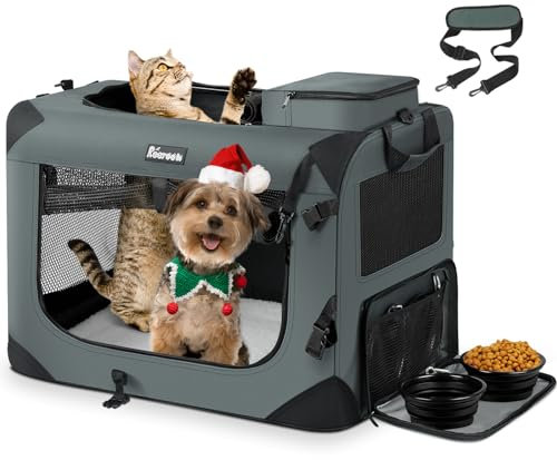 Reerooh Hundebox M 60x42x42cm, Faltbar Hundetransportbox Inkl.Hundenapf, Tragbare Hundetasche für Reisen, Hunde und Katzen Auto Haustiertransportbox (Grau, M)