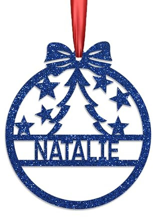 KreateSquare Personalised Christmas Bauble, 950 GSM Double-Sided Glitter Xmas Tree Decoration, Custom Name Baubles, Red & White Christmas Decorations Ornaments (Royal Blue, Xmas Tree)