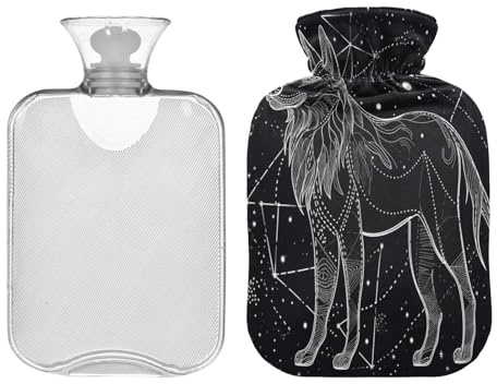 SKYSHU Wolf Wärmflasche, 2 l, transparent, auslaufsicher, waschbar, hitzebeständig, Wasserflasche mit weichem Plüschbezug, für Menstruationskrämpfe, Nacken- und Schulterschmerzlinderung
