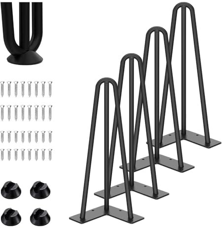 Lot de 4 pieds de table en épingle à cheveux, 3 barres, pieds de meubles en métal avec protection de sol, 35 cm de hauteur, pour tables basses, tables basses, bureaux, pieds de table à manger