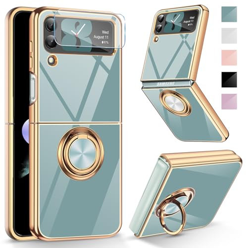Layeri für Samsung Galaxy Z Flip 3 Hülle mit Schutzfolie Galvanik Glitzer Silikon Handyhülle Samsung Z Flip 3 Ring Ständer Kameraschutz Kratzfest Stoßfest Dünn Schutzhülle Galaxy Z Flip 3 5G Hülle