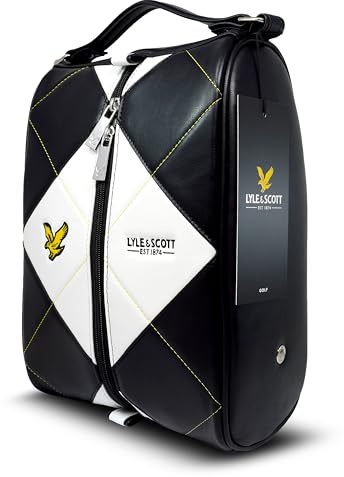 Lyle & Scott Argyle Premium Leather Shoe Bag for Golf Shoes - Stylish Golf Accessories with Side Breather Vents, Embroidered Branding, Durable Zip, Embossed Eagle Zippers, Carty Handle, 35x23x16cm