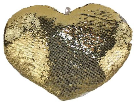 BEMIRO Pailletten Kissen Herz – 50 cm, Gold-weiße Pailletten, Rückseite aus Plüsch, mit Schlaufe zum Aufhängen