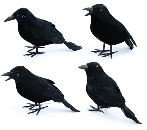 Cosiesnest 4 Stück Rabe Halloween Krähe Raben Attrappe Realistische Crow Gefiederten Schwarzen Vogel Spooky Halloween Raven, Crow Dekoration für Scary Garten & Home Crow Dekoration Set mit Stand