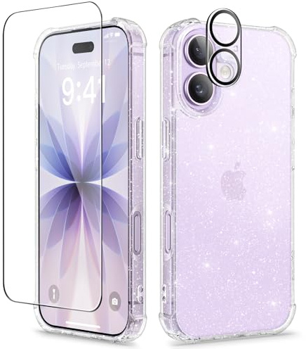 GVIEWIN Kompatibel mit iPhone 17 Hülle 6,3 2025, mit Displayfolie & Kameraschutz, Stoßfest Militärschutz Kratzfest Klar Nie Vergilbung Blumen Dünn Schutzhülle Handyhülle Frauen,Glitzer