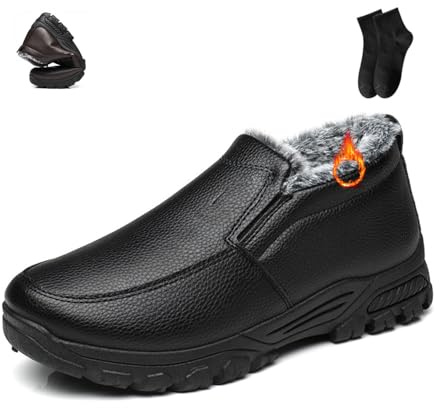 POIOZXD Botas de invierno de cuero para hombre, impermeables, antideslizantes, cálidas, ortopédicas, de piel de vaca, impermeables, de forro polar, sin cordones, para hombre