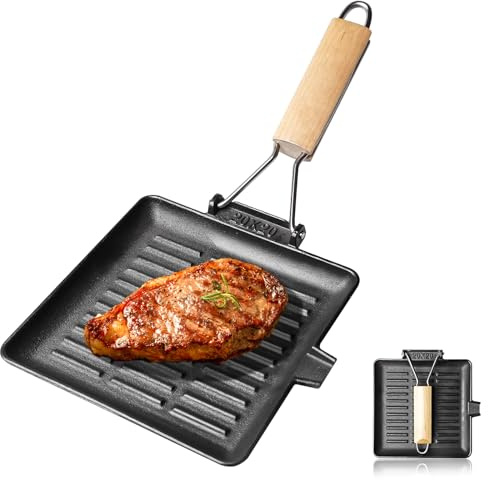 Padella in ghisa, 20 x 20 cm, padella a induzione con manico pieghevole in legno, piastra quadrata per tutte le fonti di calore, robusta griglia per bistecche, verdure e pesce, facile da usare
