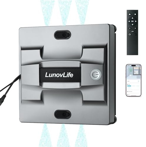 LunovLife Robot Limpiacristales Automático Cuadrado 5600Pa 6 Spray, Limpia Cristales Eléctrico Ventanas Esquinas, Mando y App, Limpia Vidrios Azulejos Mamparas (Gris)