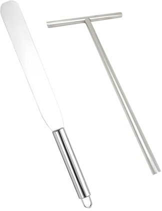 2 Pièces Kit Accessoires Crêpière Professionnel, Spatule Crêpe Inox & Répartiteur Pâte Bois Forme T avec Tampon Graisseur Ustensiles Pâtisserie Anti-adhésif pour Galettes & Pancakes