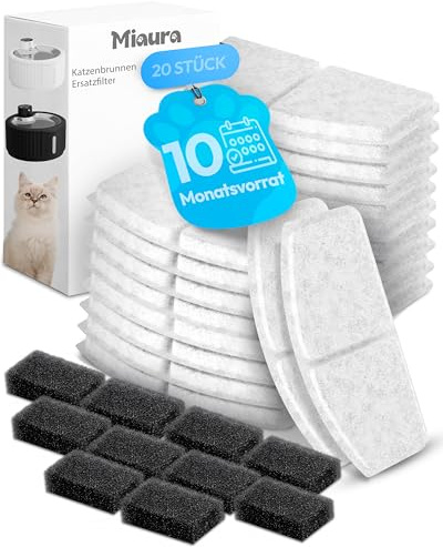 Miaura® 20er Pack Filter für Katzenbrunnen - Hochwertige Katzenbrunnen Filter für alle Miaura Katzen Trinkbrunnen I 10 Monats-Vorrat I Zubehör Trinkbrunnen Katzen