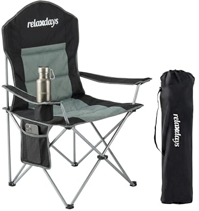 Relaxdays Camping Stuhl, faltbar, Tragetasche, Getränkehalter, 160 kg, Klappstuhl gepolstert, Polyester, Metall, schwarz
