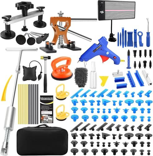 Dellen Reparaturset Auto – PDR Ausbeulwerkzeug Set lackfrei mit LED Dent Board, Gleithammer, Zugbrücke & Dent Puller – Für Auto Beulen, Hagelschäden, kleine & große Dellen