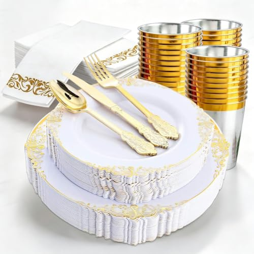 Yazoni Reusable Plastic Dinnerware Set for 25 Guests – Washable & Dishwasher Safe – Includes Plates, Cutlery, Cups, Napkins – White Gold