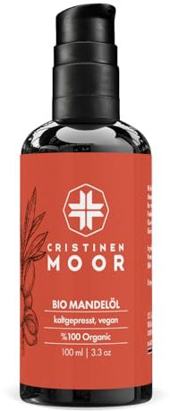 Cristinen Moor Bio Mandelöl - kalt gepresstes Haut & Haarpflegeöl, zertifizierte Bio Naturkosmetik und clean Beauty Label 100 ml, Glasflasche mit Pumpspender, ideales Massageöl für Mutter & Baby
