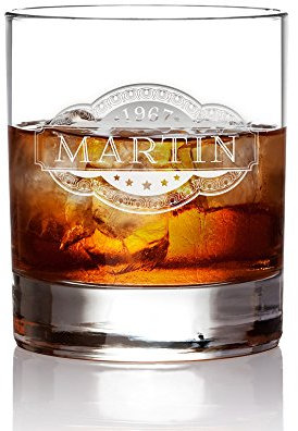 AMAVEL Bicchiere da Whisky Tumbler con Incisione, Cartiglio, Personalizzato con Nome e Anno, Vetro Chiaro, Regalo per Intenditori, Idea Regalo di Compleanno o Natale, 320 ml