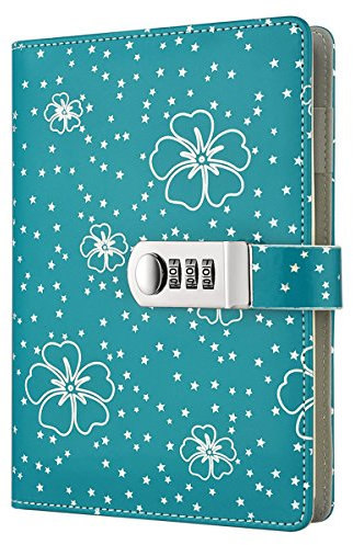 Ai-life PU Leder Zahlenschloss Tagebuch Schreiben Notebook Planer, A5 Size(210x145mm) Blumen- und Sterne Muster Passwort Tagebuch Notizblock, Secret Tagebuch Notizbuch mit Stift halter