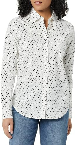Amazon Essentials Women's Classic-Fit Long-Sleeve Button-Down Poplin Shirt, Black White Dots, Medium