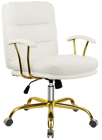 KLASIKA White Leather Office Chair with Gold Legs, Adjustable Height Home Desk Chairs with Padded Seat & Arms, Swivel Rolling Computer Chair for Girls Women Bedroom Dressing Study Vanity Living Room