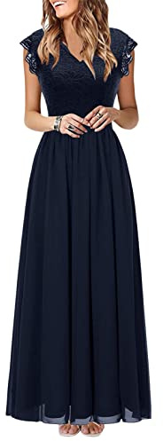 Onsoyours Robe de Cocktail Femme Longue Robes Soirée en Dentelle Mousseline de Soie Robes Chic Elégant sans Manches Sexy Robe Asymétrique C Marine 3XL