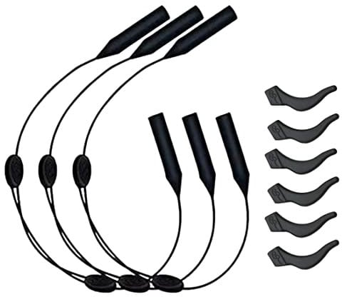 3 verstellbare Brillenbänder, elastische Silikon-Brillenbänder, schwarze rutschfeste Brillenbänder mit 6 Ohrhaken