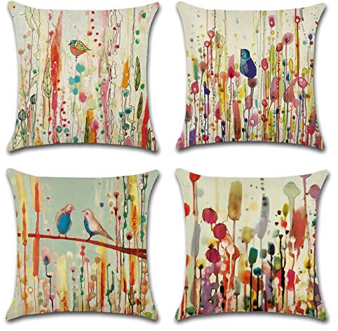 OCEUMACO Leinen Kissenbezug 50x50 Abstrakt Kissenhülle 4er Set Quadratisch Sofakissen Dekokissen Bezug für Couch Sofa Blumen Vogel Kissen Kissenbezüge Outdoor Deko Zierkissen Couchkissen - Bunt
