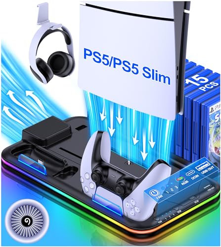 HEYLICOOL PS5/Slim/Pro Cooling Stand for PlayStation 5 Disc/Digital with RGB Light,Accessories Dual Controller Charger Station with 3 Levels Cooling Fan, Headset Holder,15 Game Slots
