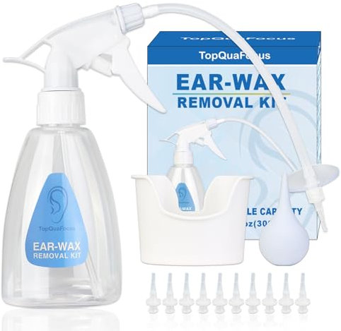 TopQuaFocus Kit per la rimozione del cerume - Sistema di rimozione del cerume con punte flessibili e kit per il lavaggio e l'irrigazione delle orecchie Bottiglia spray per adulti e bambini 300ml
