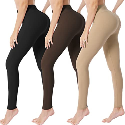 VALANDY Damen-Leggings mit hoher Taille, butterweich, dehnbar, Bauchkontrolle, Workout, Fitnessstudio, Yoga, schmale Strumpfhose, reguläre und Übergröße, 3 Paar, Schwarz/Braun/Khaki, S-M