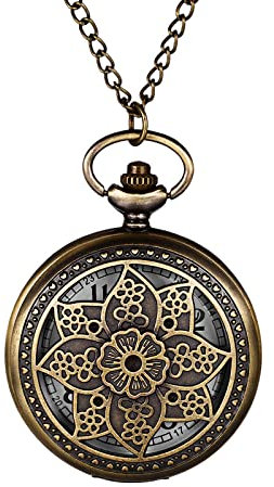 JewelryWe Taschenuhr Herren Vintage Blütenblätter Blume Skelett Kettenuhr mit Arabischen Ziffern Retro Analog Quarz Uhr Anhänger mit Halskette Kette für Damen Männer Bronze