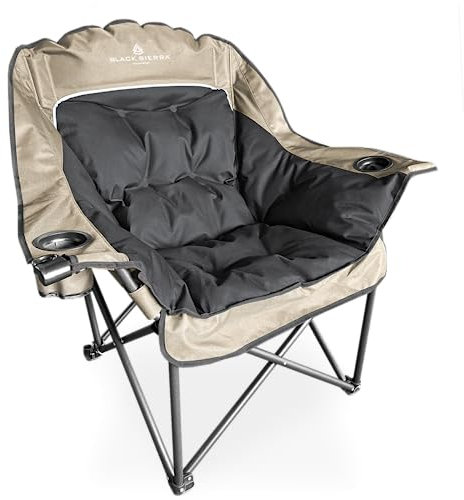 Black Sierra Comfort Cloud Deluxe XL Gepolsterter Campingstuhl, Übergroßer Klappstuhl mit Getränkehalter und Tragetasche, strapazierfähiger tragbarer Outdoor-Stuhl, unterstützt 180 kg, Übergröße,