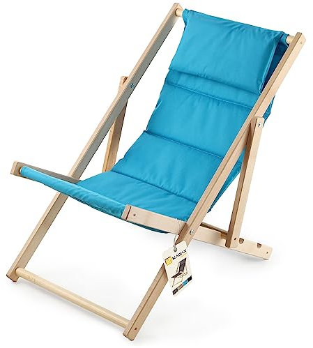 KADAX Liegestuhl, Strandstuhl aus Holz, Sonnenliege bis 120kg, Liege aus Buchenholz, Holzklappstühle, Strandliege, Klappliege für Strand, Holz-Liegestuhl (Mit Kopfstütze, Blau)