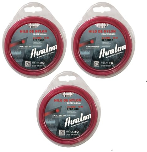 Avalon - Pack 3 Hilos Redondo de Nylon Universal para Desbrozadora y Cortacésped (2,4 mm x 15 m) - Alta Durabilidad y Rendimiento Óptimo en Las tareas de desbroce