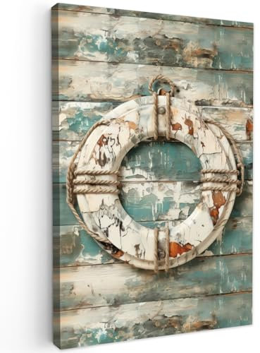 MuchoWow© Leinwand Klein 20x30 cm Mini Deko Schlafzimmer Aesthetic Leinwandbilder Wohnzimmer Gemälde Foto Geschenk Living Room Decoration Maritime - Boje - Rettungsring - Holz - Maritim