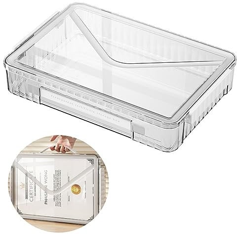 Marte Vanci A4 Storage Box with Lid Plastic Storage Boxes Clear Portable Project Case with Handle Transparent Craft Paper Organiser for Letter Magazines Photo Scrapbook Board Game Crafts White