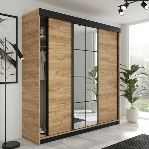 KIER FURNITURE Schiebegarderobe LAMARO mit Spiegel - Schrank Schlafzimmer – Schlafzimmerschrank – Wardrobe Bedroom – Kleiderschränke – Kleiderschrank Eiche Craft Golden – 250x205x59 cm