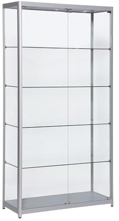 Glas-Standvitrine Alu silber mit LED-Beleuchtung B100 x T40 x H198 cm, Verkaufsvitrine silberne Aluprofile, Ausstellungsvitrine mit 5 Ebenen, Vitrine abschließbar, Geschäftsvitrine ESG-Sicherheitsglas